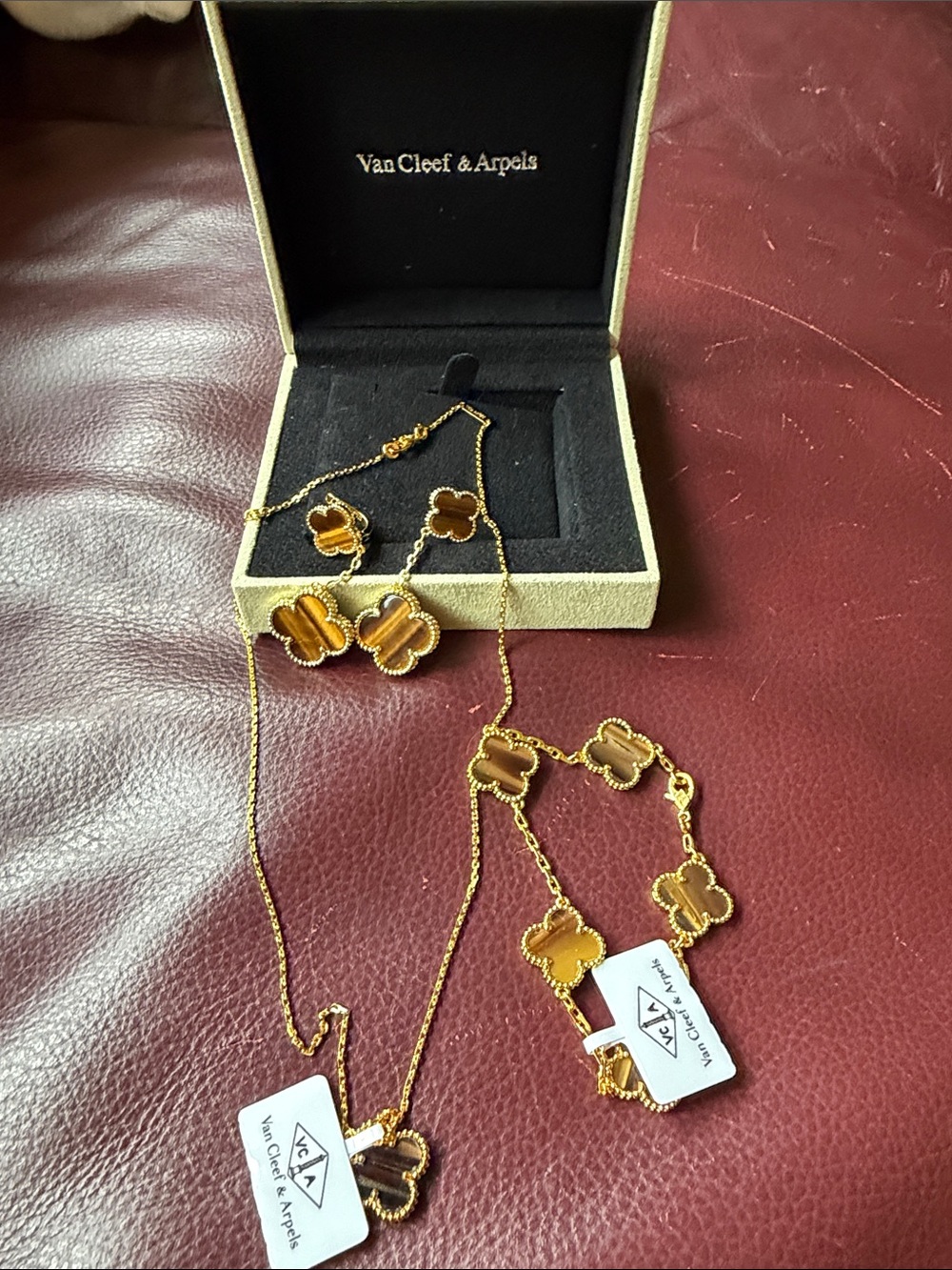 Tiger's Eye Alhambra Necklace and Bracelet Set - Gold & Brown